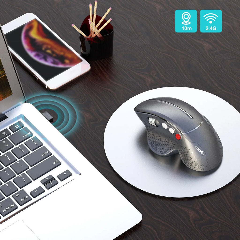 Black T32 wireless vertical ergonomic mouse with aluminium side roller on a desk