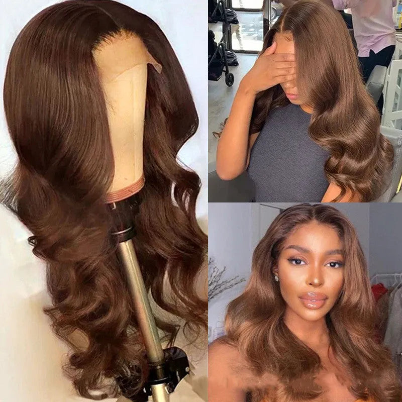 Brown human hair wig with 13x6 lace front and 150% density on a mannequin head