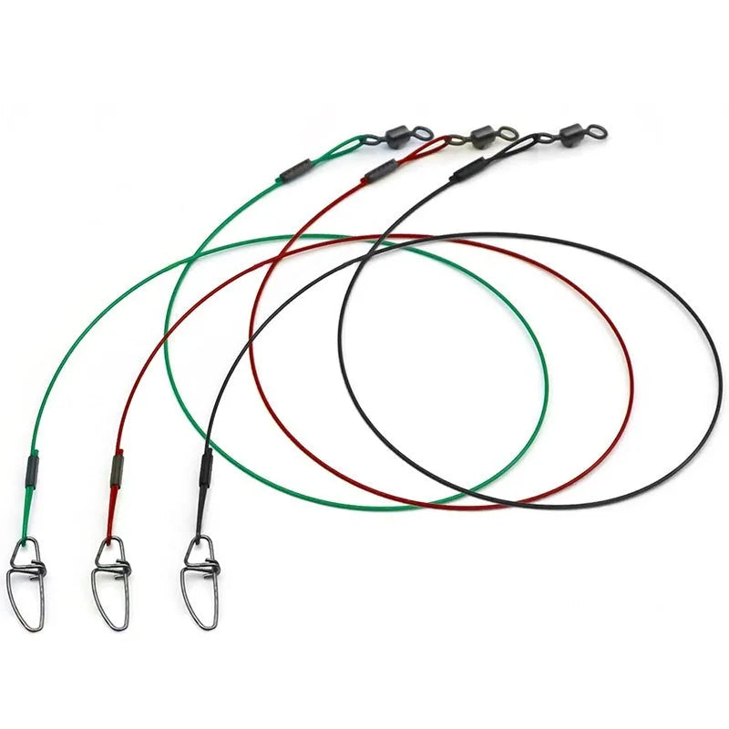 Steel wire fishing double buckle pin accessories in green, black, and red colours