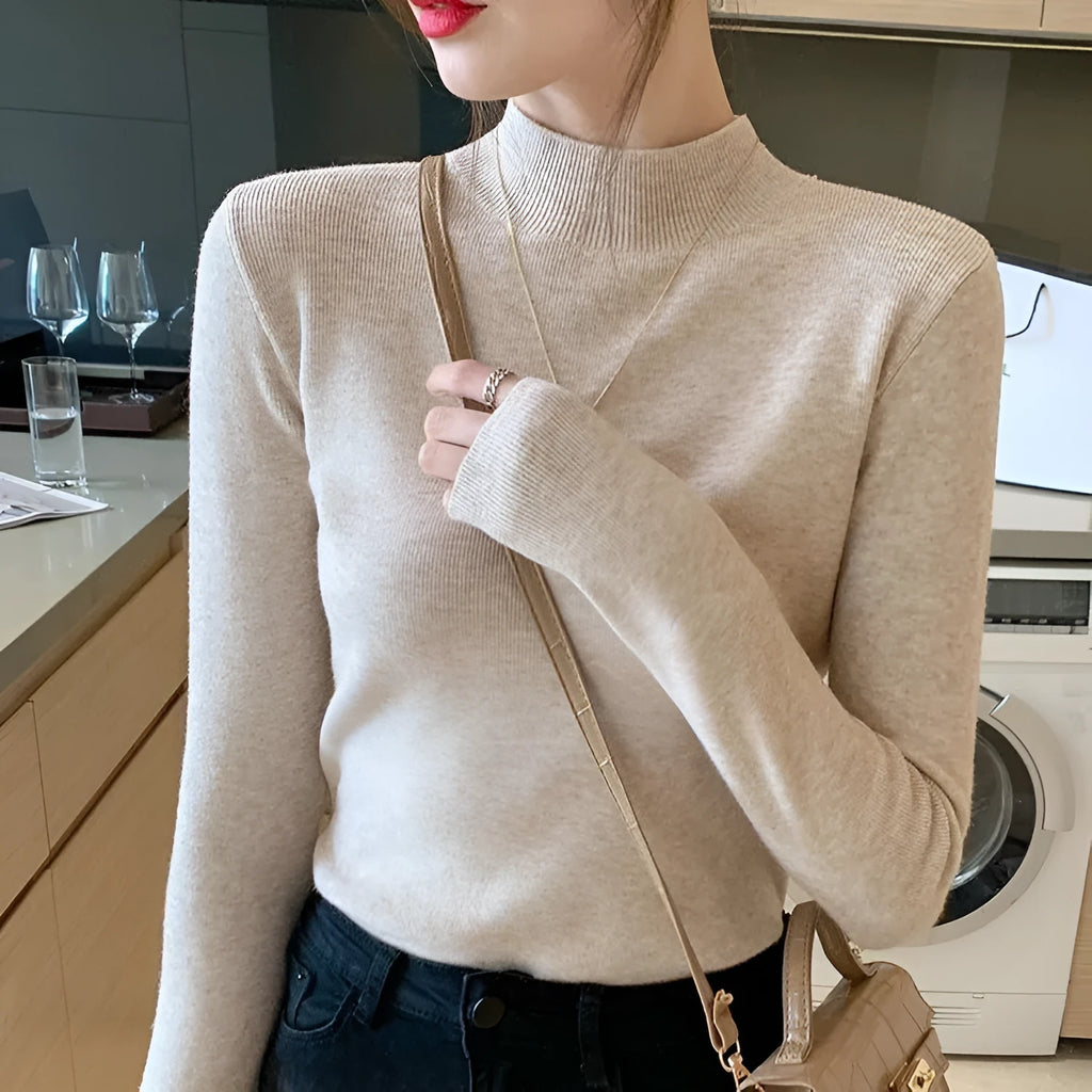 Slim fit long sleeve viscose bottoming shirt in apricot colour on a hanger