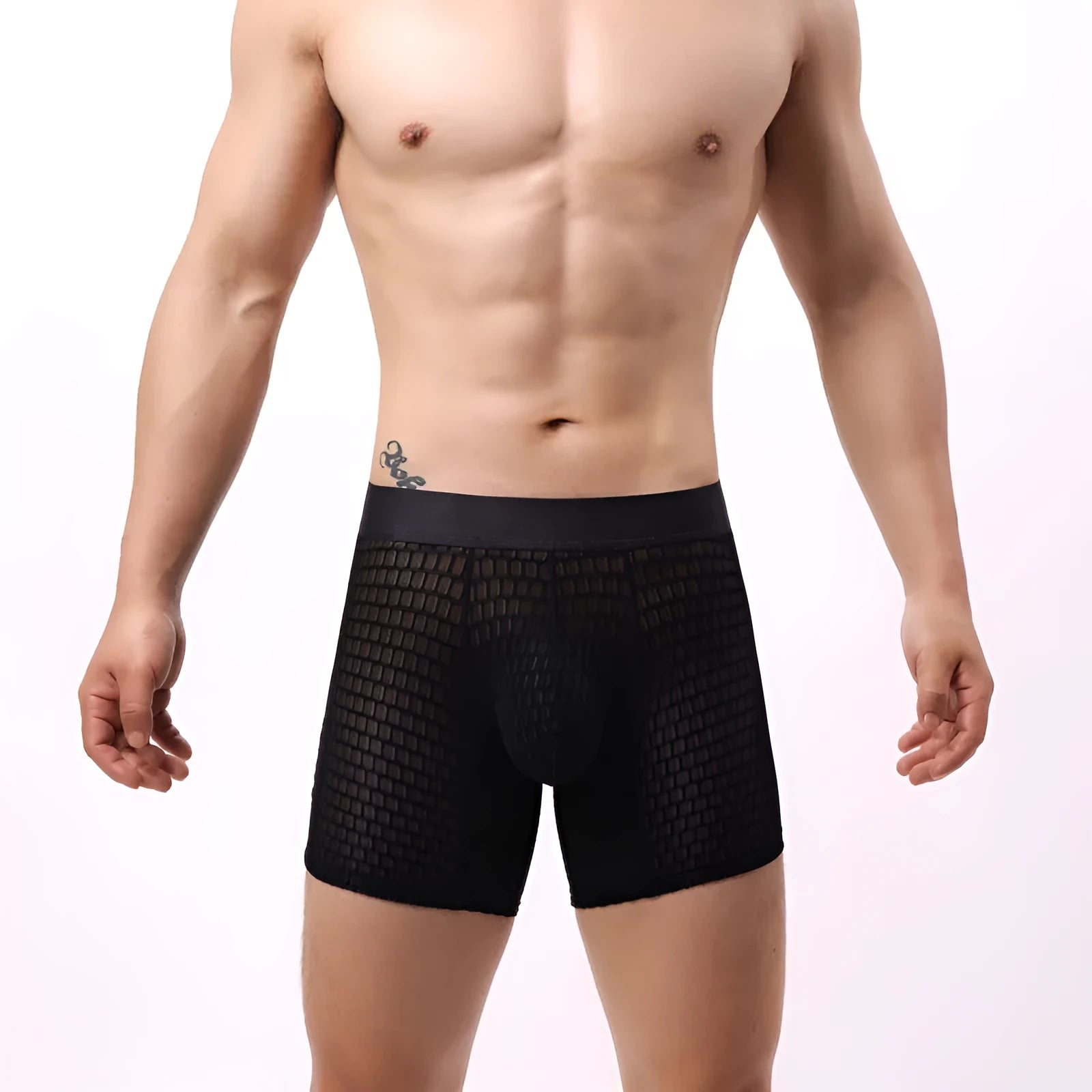 Men's low waist lace mesh boxers in a geometric pattern, available in multiple colours.
