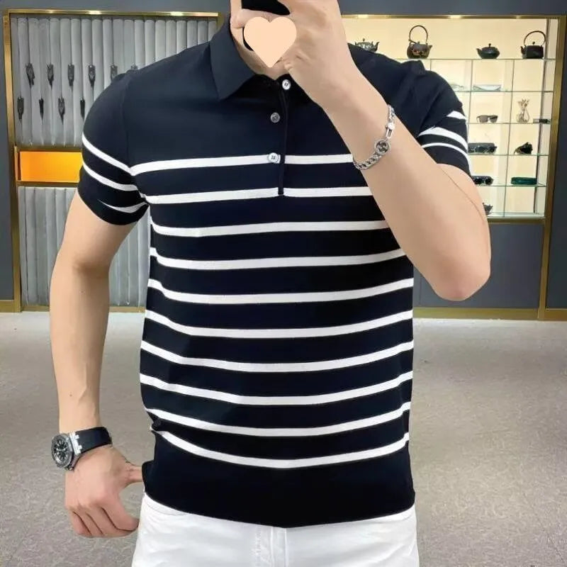 Man wearing a black and white striped knitted t-shirt with a lapel collar