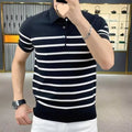 Man wearing a black and white striped knitted t-shirt with a lapel collar