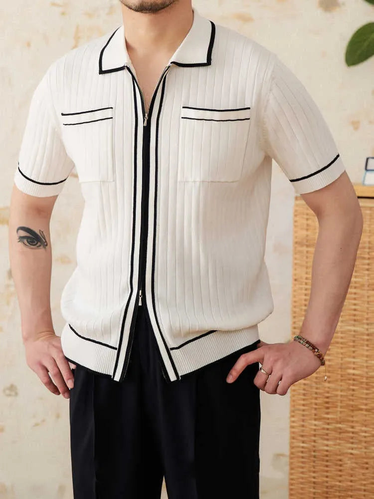 Men's slim-fit black lapel polo shirt with short sleeves made from elastic viscose blend knit fabric.
