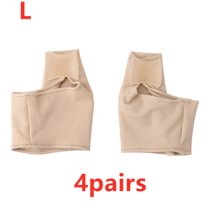Valgus toe separator corrective socks with silicone gel bunion pad shown in sizes S, M, and L.