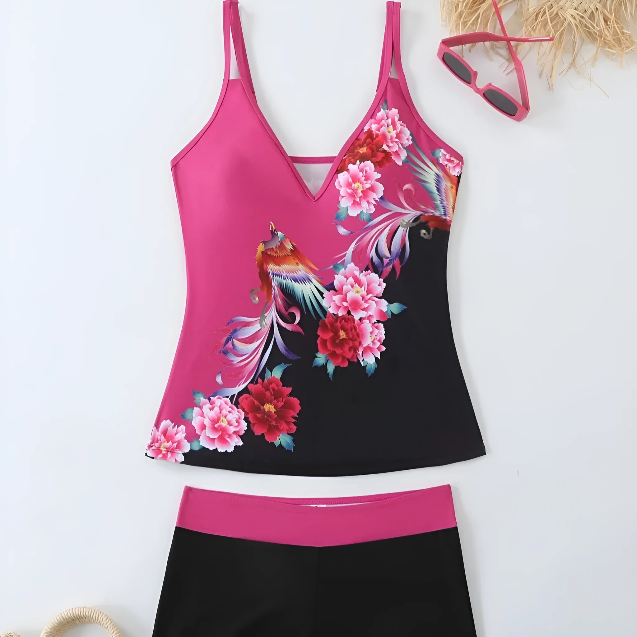 Plus size black and rose red split swimsuit set with matching trunks.