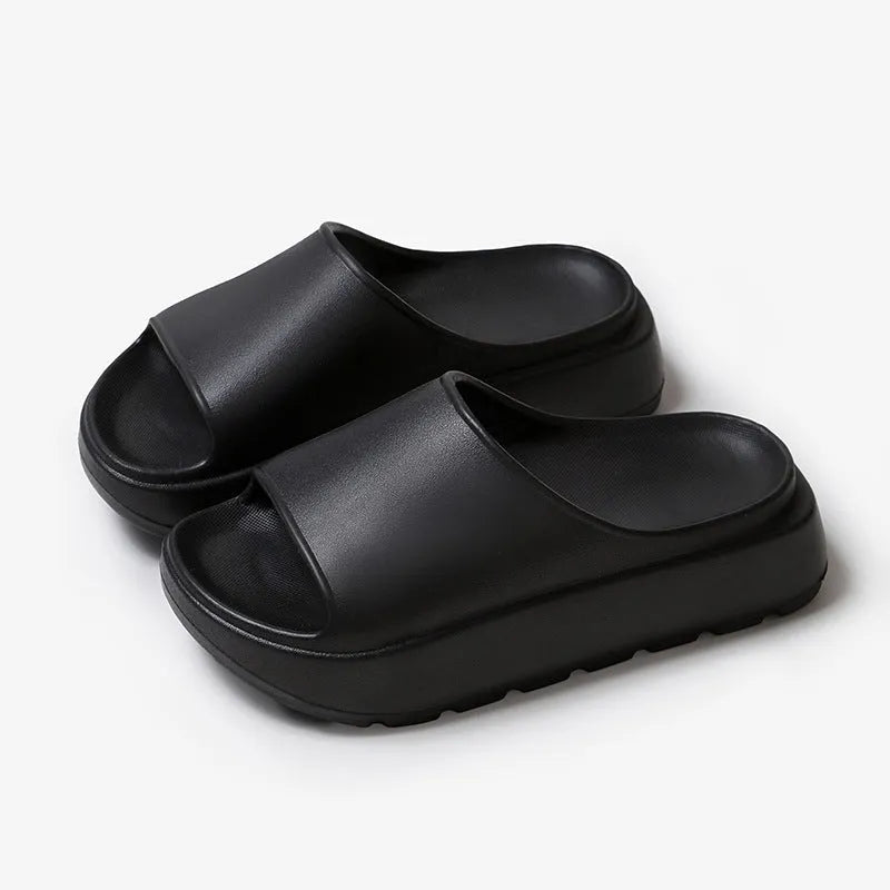 Women's beige fish mouth open-toe slippers with a thick 5.5cm light-coloured EVA sole.