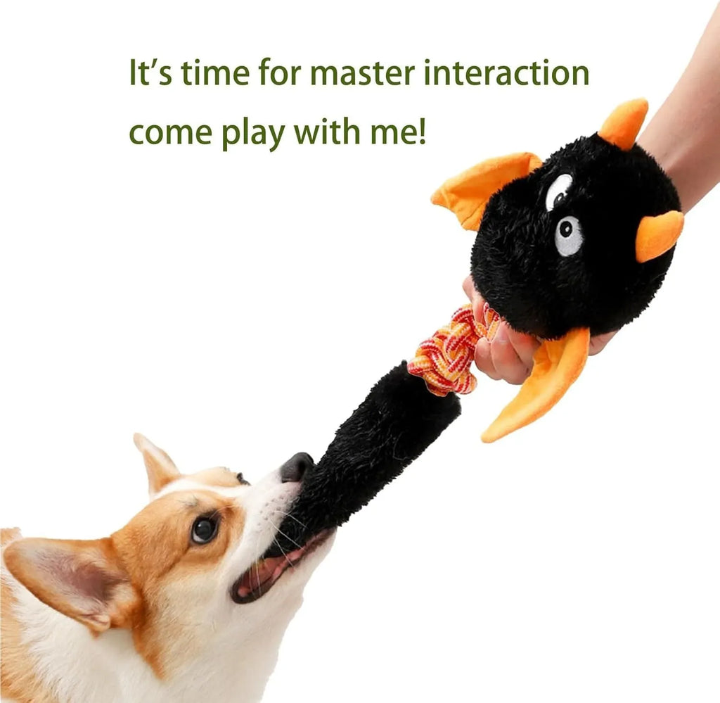 Large black plush dog toy with rope knot, shown next to a red and green version.