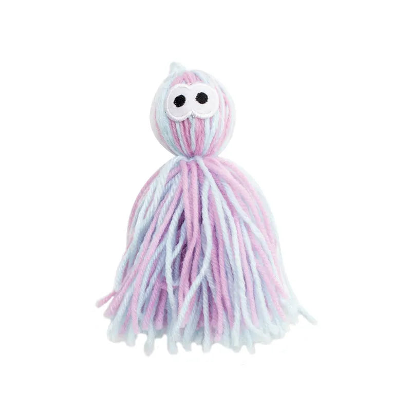 Bite-resistant wool ball cat toy with grinding teeth surfaces and hanging string in blue grey colour