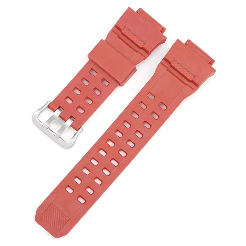 Camouflage pattern TPU watch strap with silver buckle closure shown in multiple colour options
