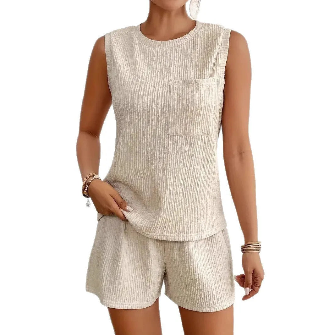 Women's apricot polyester sleeveless vest and shorts set on hanger