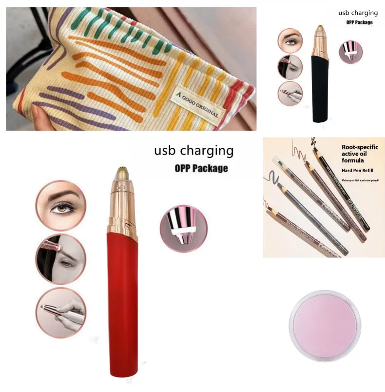 Eyebrow epilator pen with gold plated head and LED light on pink background