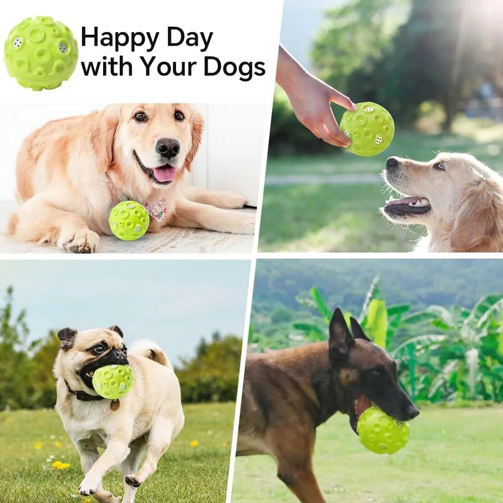 Colourful natural rubber dog toy ball with textured meteorite bumps for aggressive chewers with squeaky sound