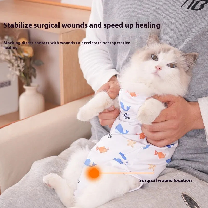 Colourful cat sterilisation recovery suit with Velcro fastening, a post-operative protective bodysuit.