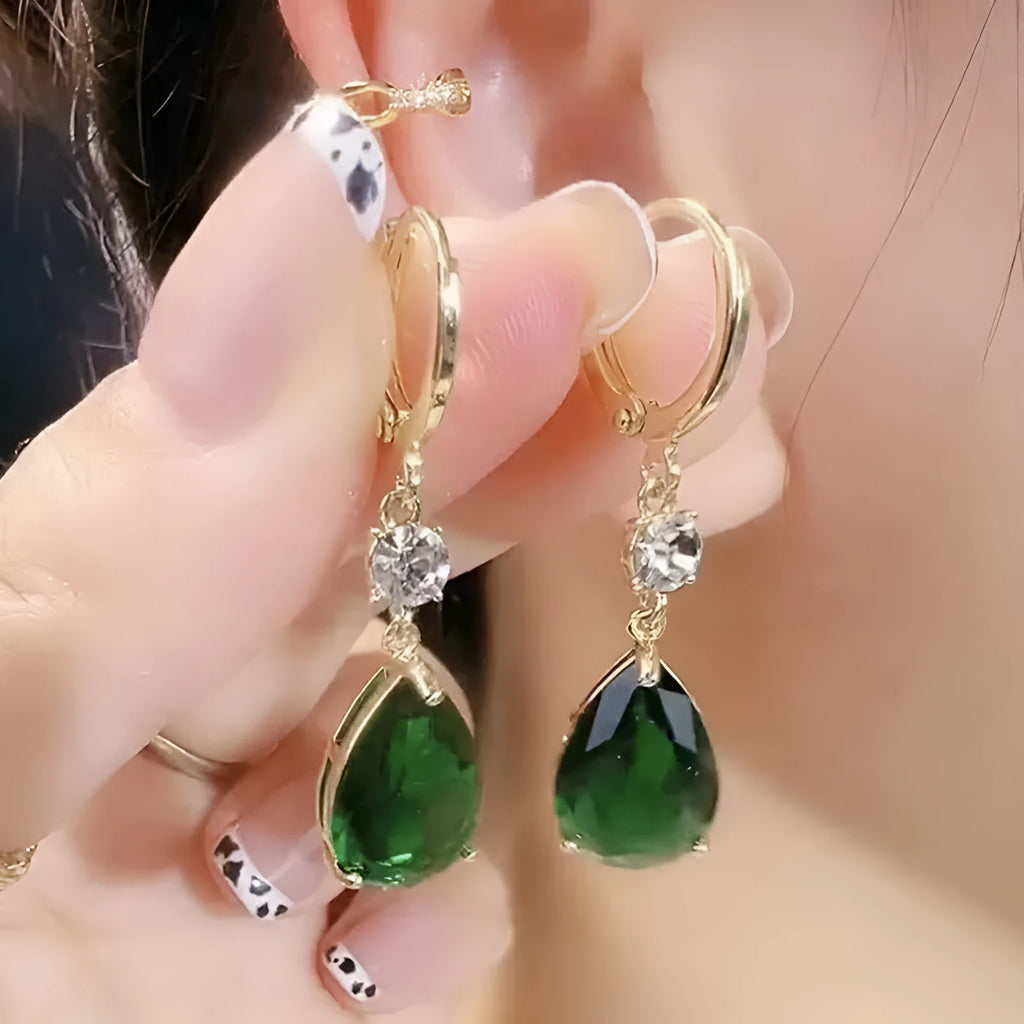 Pair of green geometric teardrop shaped alloy dangle earrings for women