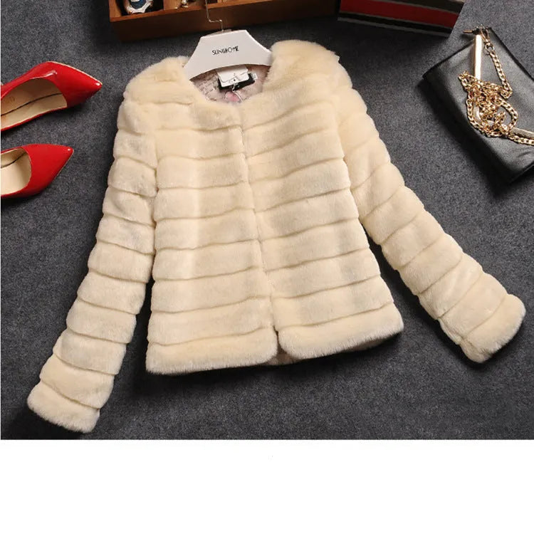 Women's white faux fur short sleeve street fashion top showing rabbit-style texture