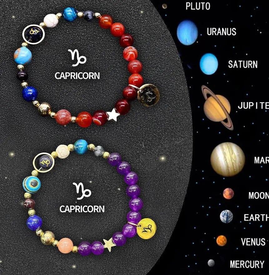 Natural stone zodiac sign bracelet set showing two adjustable bracelets with twelve zodiac designs