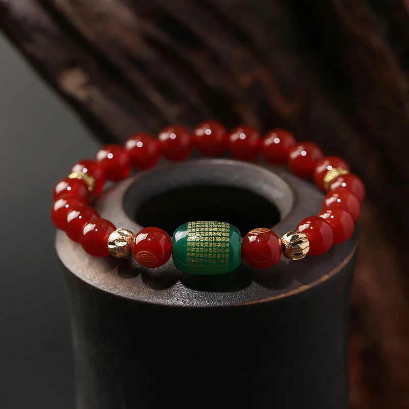Red or green agate Guanyin Buddhist prayer bracelet with auspicious patterns