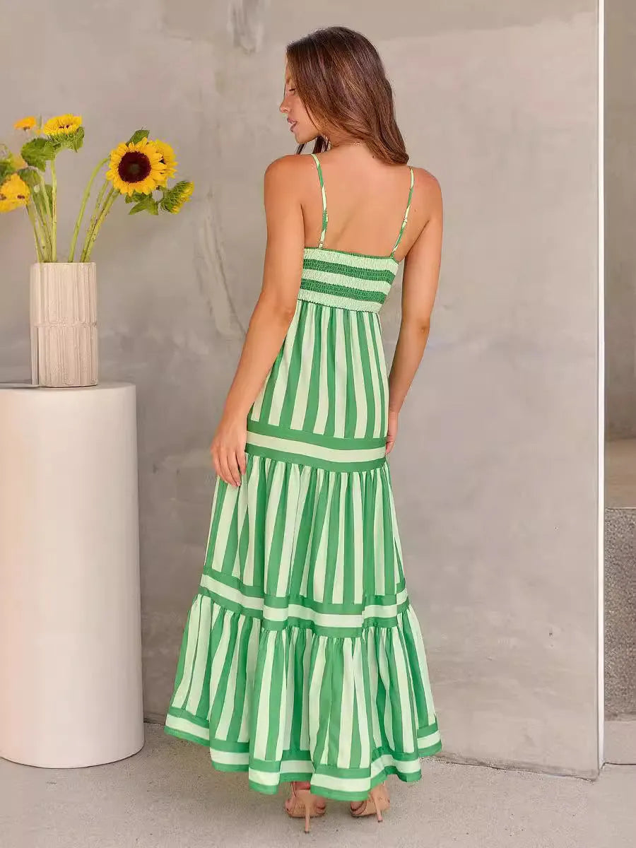 Women's striped printed summer dress with suspender straps and side pockets in blue colour