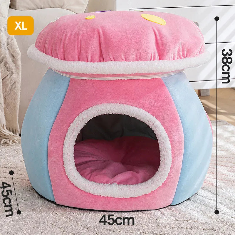 Grey mushroom-shaped plush cat bed showing enclosed cave design for cats.