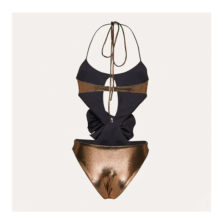 Gold handmade halter neck one-piece swimsuit with hollow-out design on mannequin