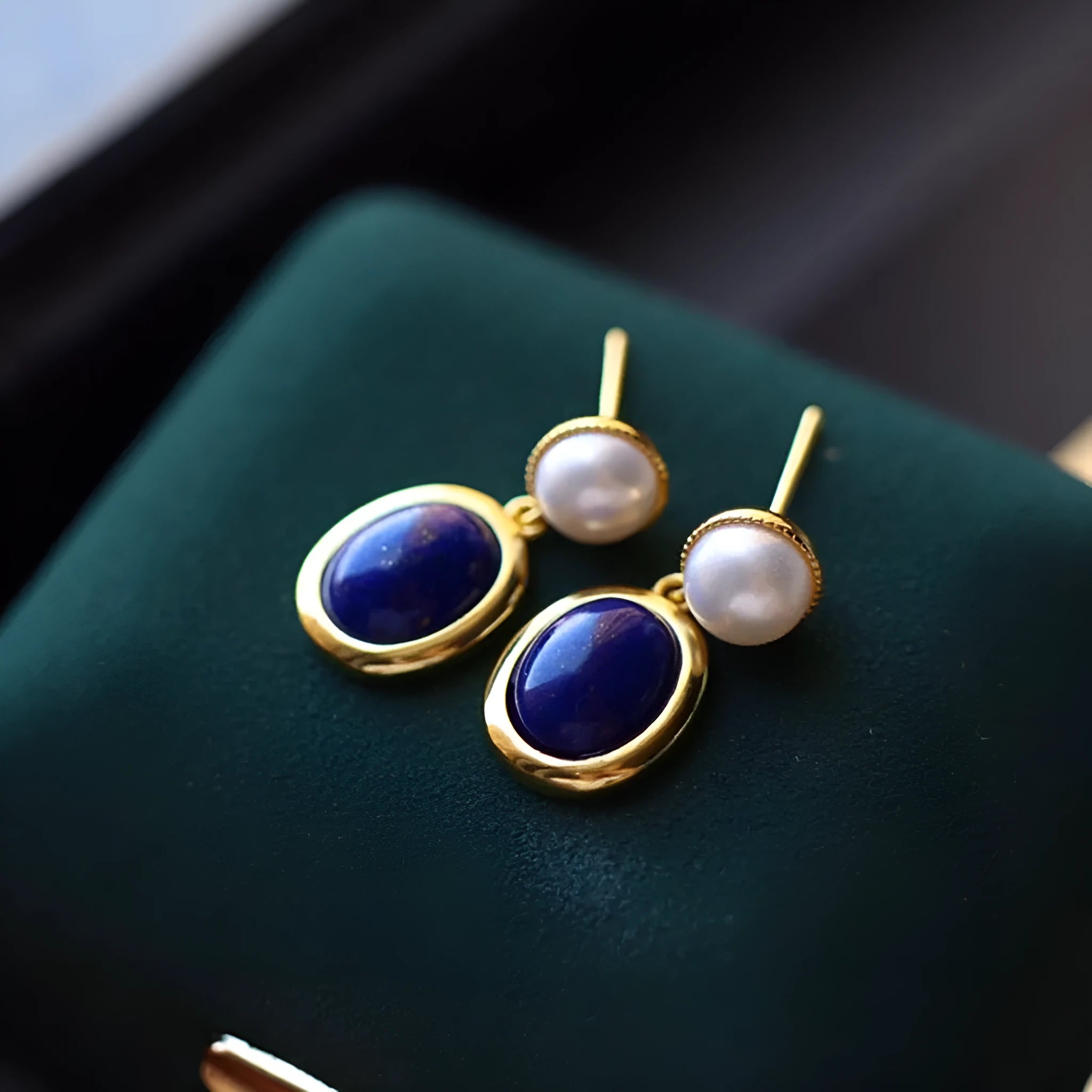 925 silver lapis lazuli pearl dangle earrings with auspicious pattern design.