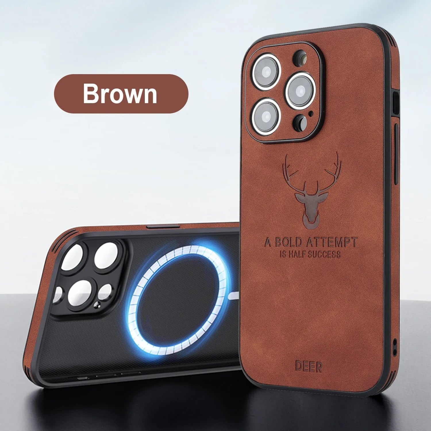 iPhone 16 series magnetic charging phone case with embossed brown moose head design on imitation leather.