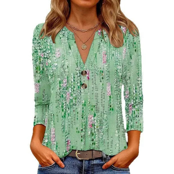Women's loose fit V-neck T-shirt with 3D printed pattern in Korean casual style