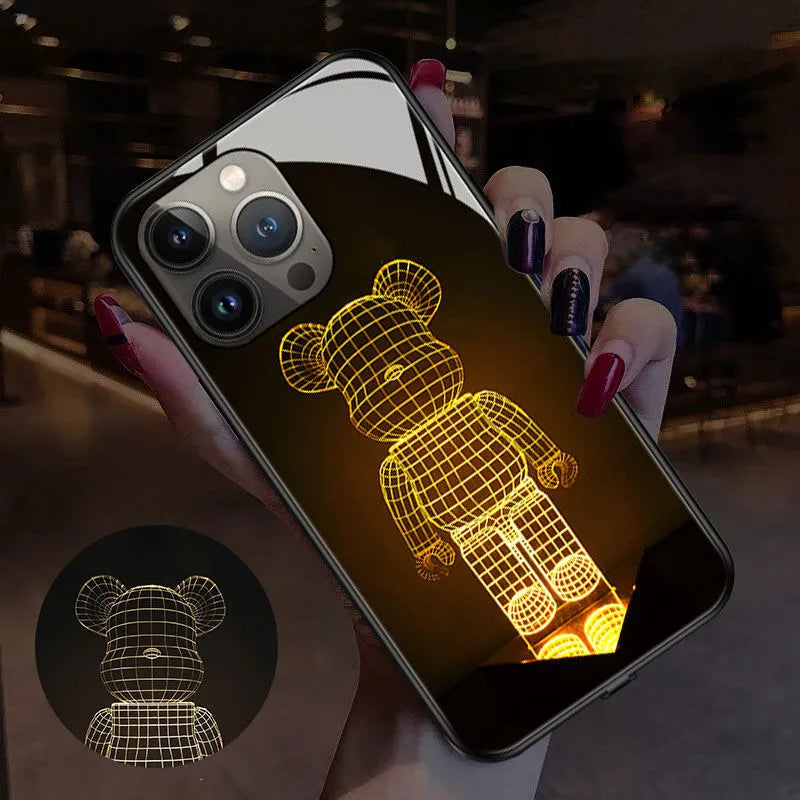 Luminous technology mobile phone case for iPhone with TPU and tempered glass construction