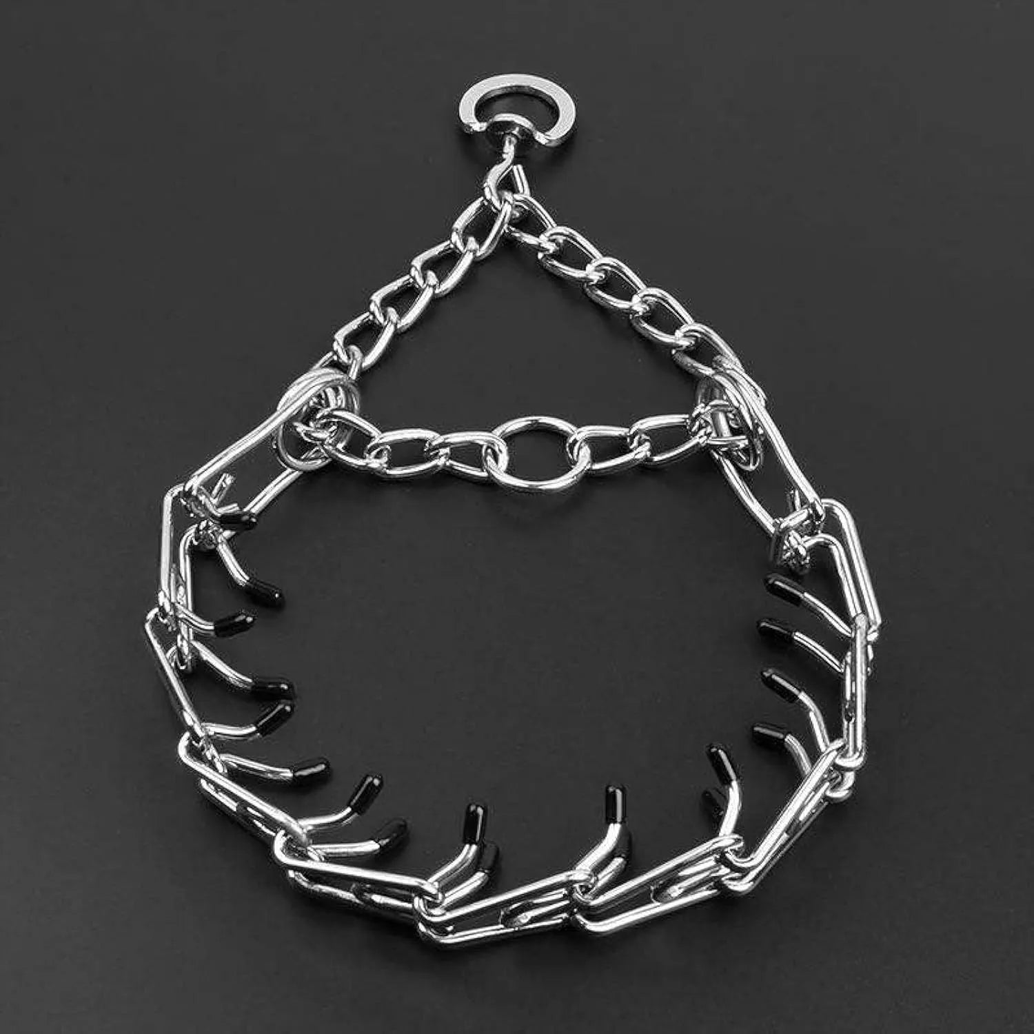 Stainless steel dog prong collar with rubber tips and adjustable chain design