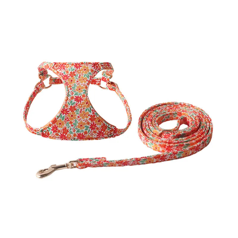 Cloth dog harness and leash set shown in an orange colour, with size options for small to medium dogs.