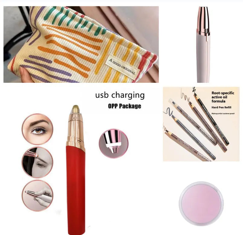 Eyebrow epilator pen with gold plated head and LED light on pink background