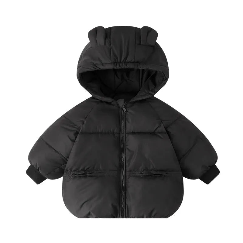 Cartoon children's down and wadded jacket in solid colour, polyester filling, Korean style, available in brown black pink Milky White for 90-130cm height.