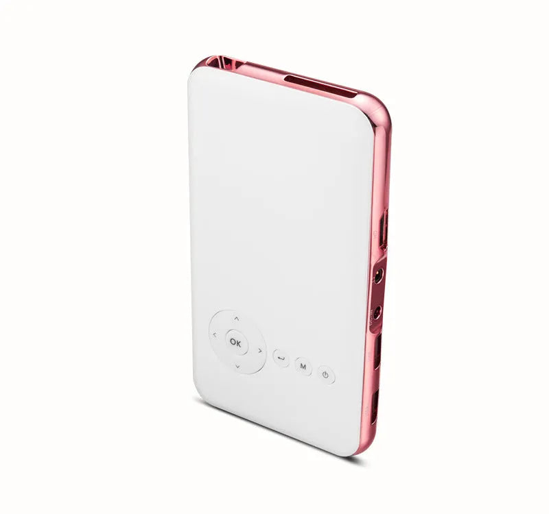 M6S miniature white and rose gold Android projector showing compact 145mm size with smartphone connectivity