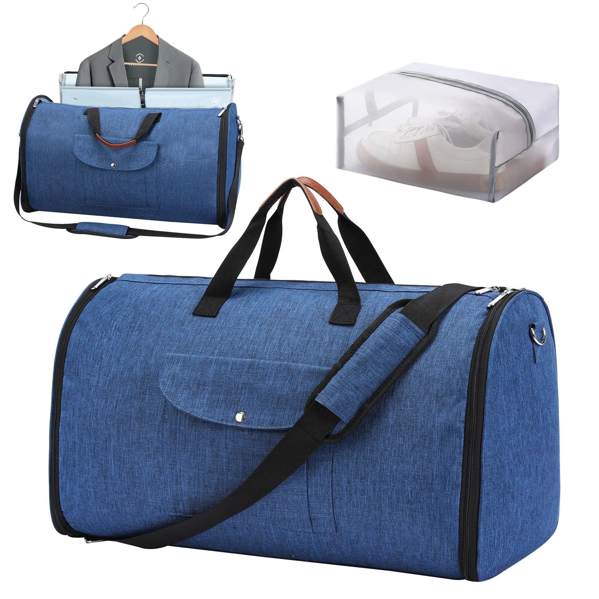 Foldable dark blue Oxford cloth duffel bag with 36-55L capacity for travel and gym.