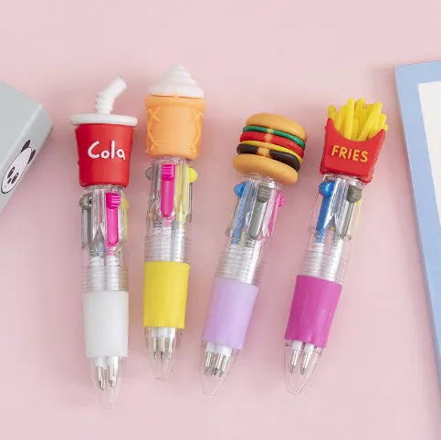 Cartoon print press ballpoint pen showing four-colour design options including cactus, fast food, and heart wings.
