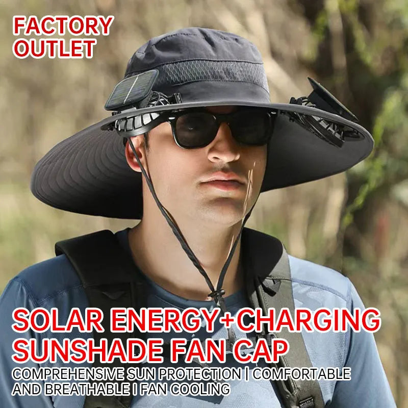 Solar-powered fan hat for outdoor fishing with adjustable design and wide sun protection brim