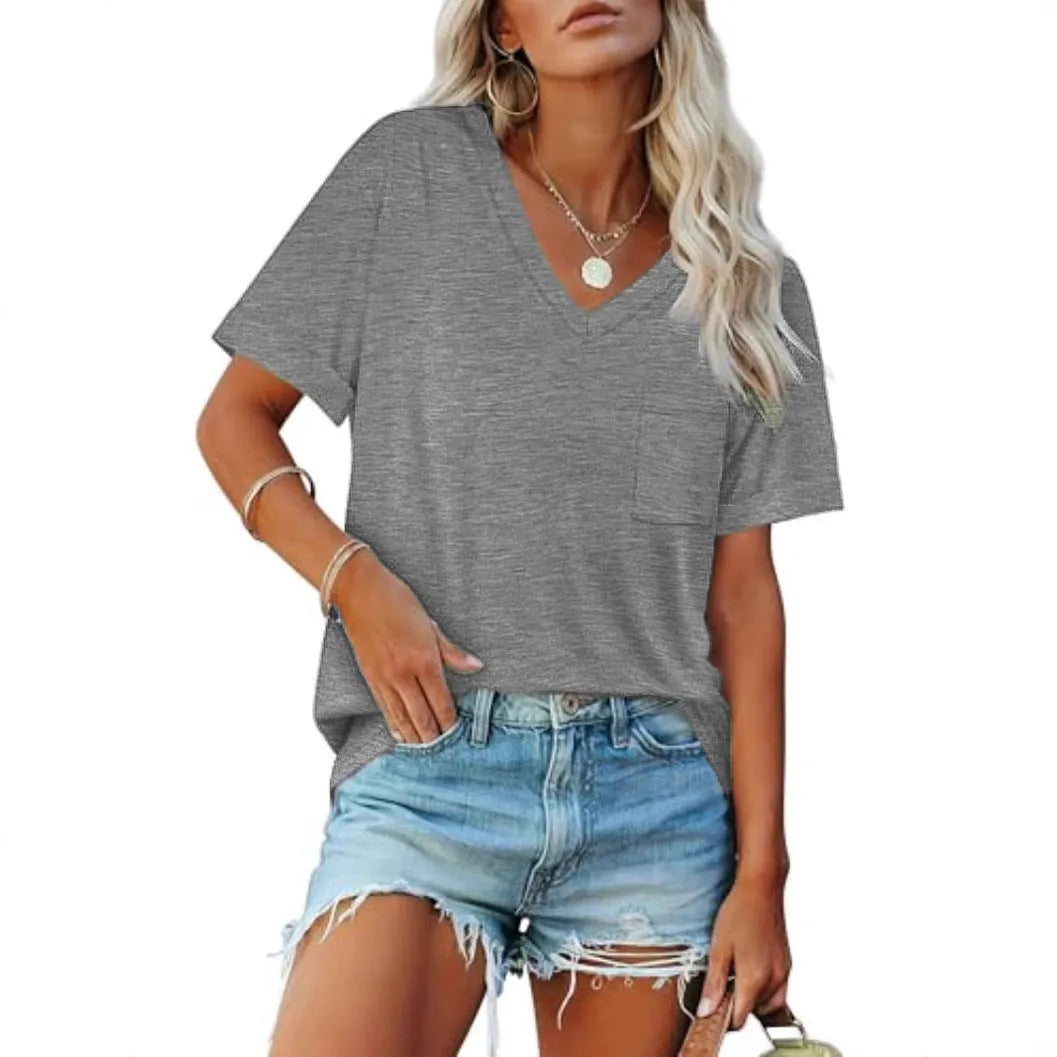 Grey loose V-neck t-shirt with chest pocket showing front view