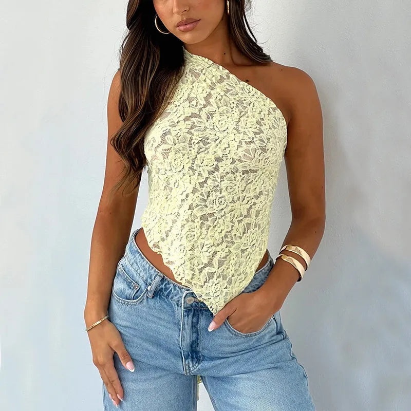 Women's sleeveless lace backless top with asymmetrical neckline in a solid colour.