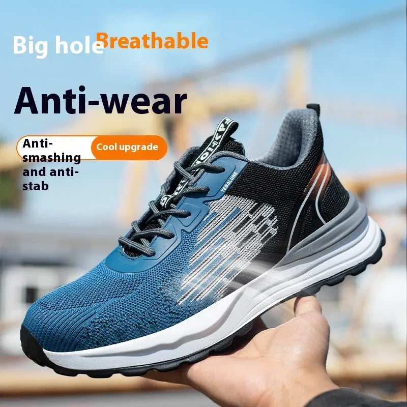 Blue men's low-top lace-up safety work shoes with mesh upper and plastic toe cap on a non-slip sole.