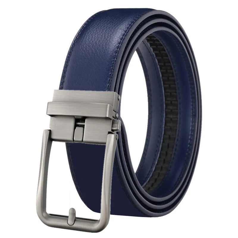 Men's genuine leather belt with automatic alloy buckle, available in multiple colours and lengths