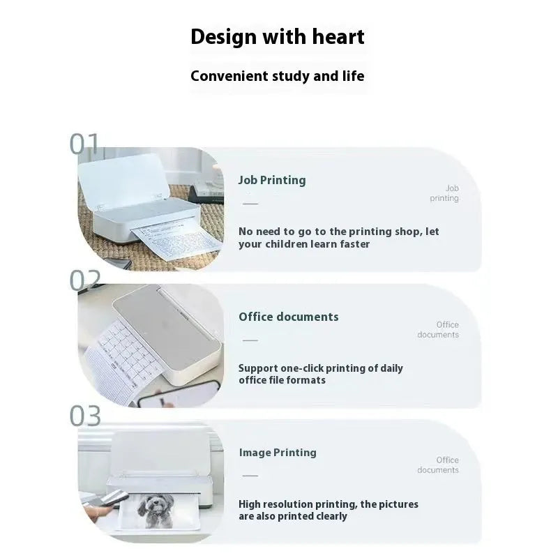 Small intelligent thermal printer with plastic housing, ribbon cartridge, and paper pack for remote learning and home printing.