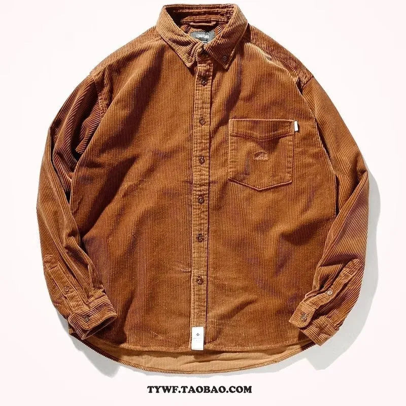 Long sleeve corduroy shirt in caramel colour with Japanese Hong Kong style loose fit