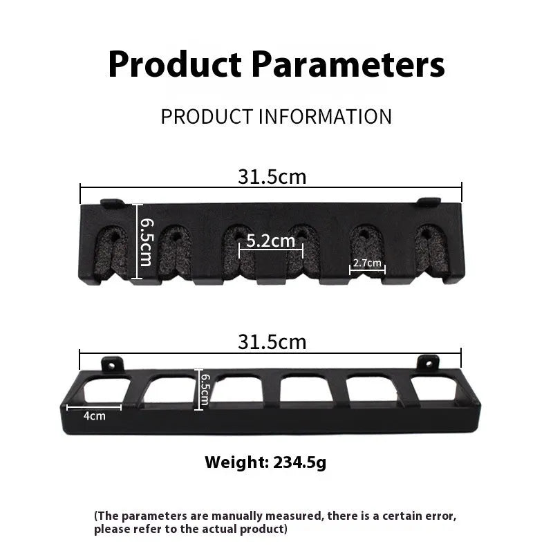 Black ABS plastic wall-mounted fishing rod holder in horizontal and upright styles.