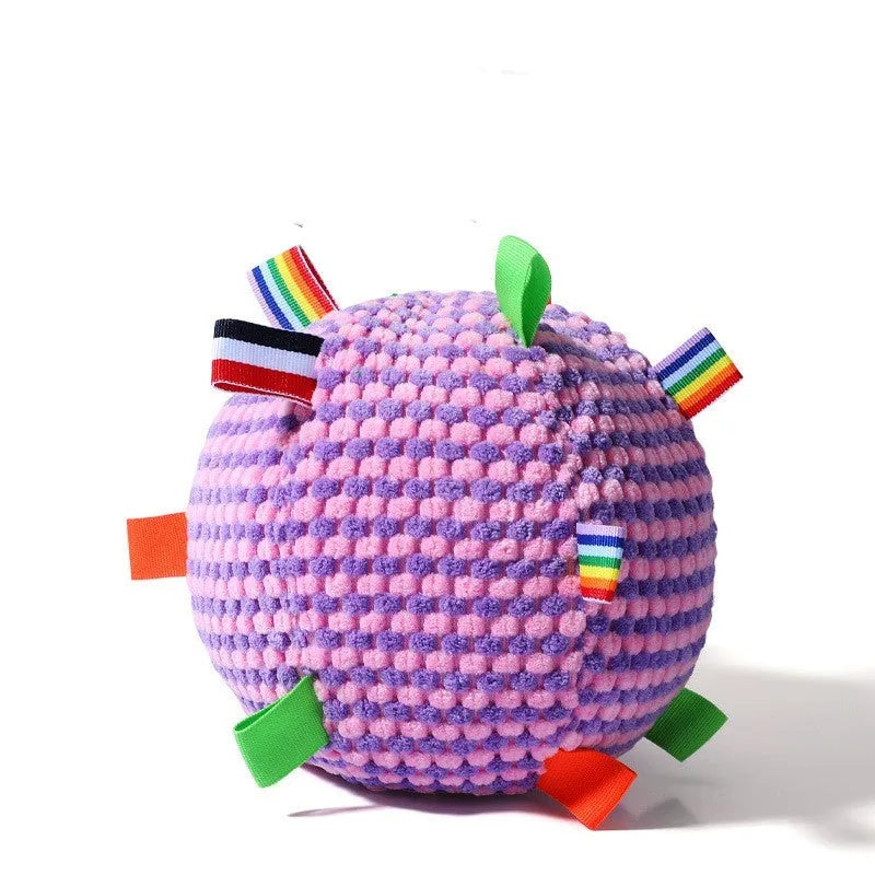 Blue pineapple lattice pattern rolling ball dog toy with squeaker measuring 17cm in diameter