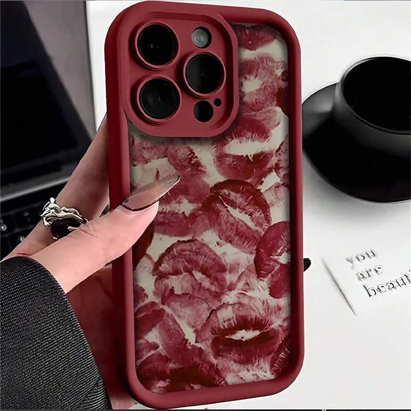 Red lip print TPU phone case in wine red for Apple iPhone models with frosted finish and corner airbag protection