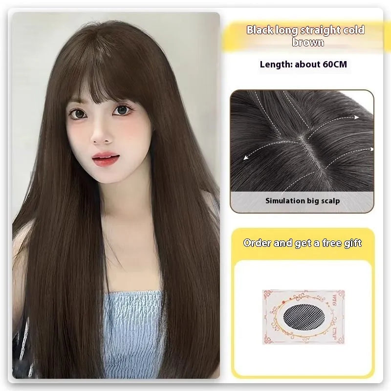 Forehead lace black long straight full-head wig with side bangs in high temperature fibre material