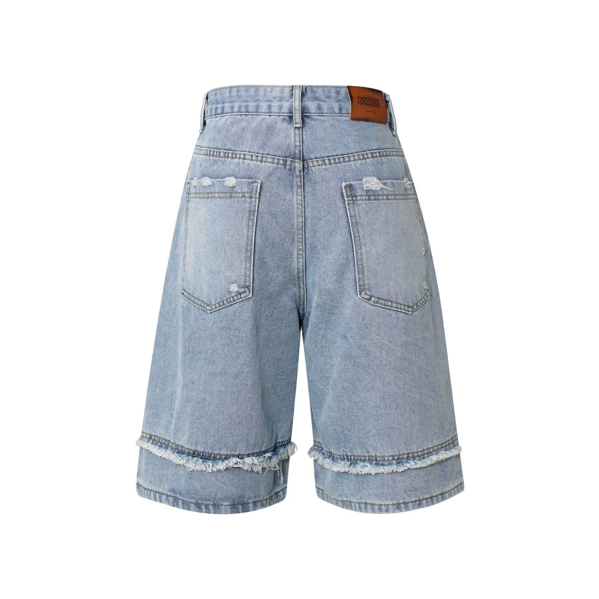 Distressed raw edge denim shorts in black, dark blue, and light blue for hip hop streetwear.