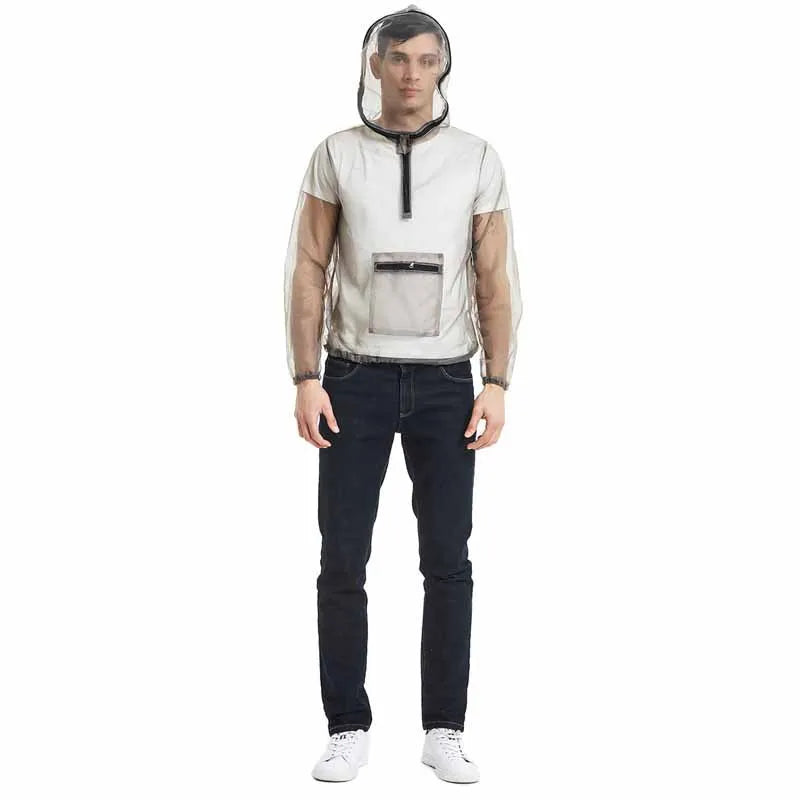 Grey breathable mesh insect bite jacket for outdoor camping and hiking, front view