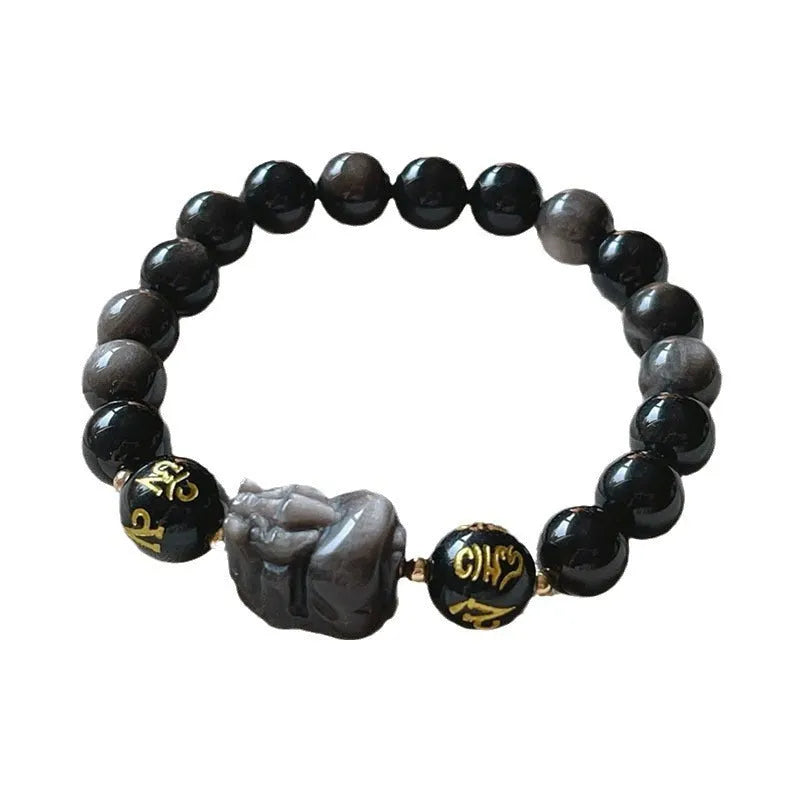 Silver stone men's bracelet with engraved zodiac symbols and Chinese proverbs on adjustable cord
